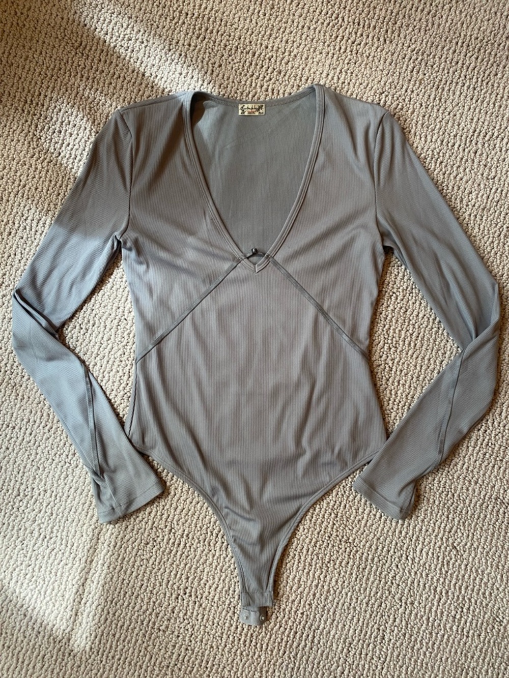 Free People Long Sleeve V-Neck Ribbed Bodysuit in Gray
